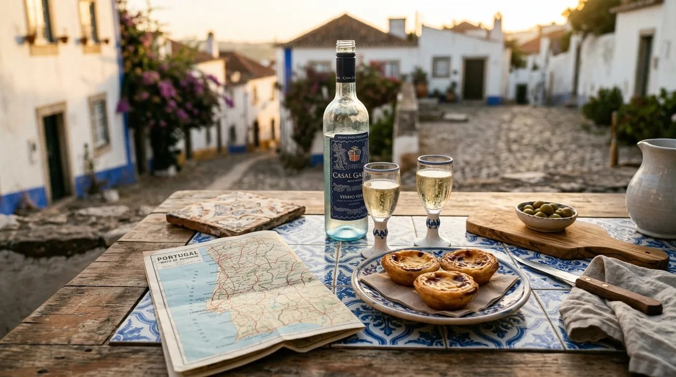 Una mesa puesta a la portuguesa: vinho verde, pastel de nata, azulejo azul y un mapa doblado del país