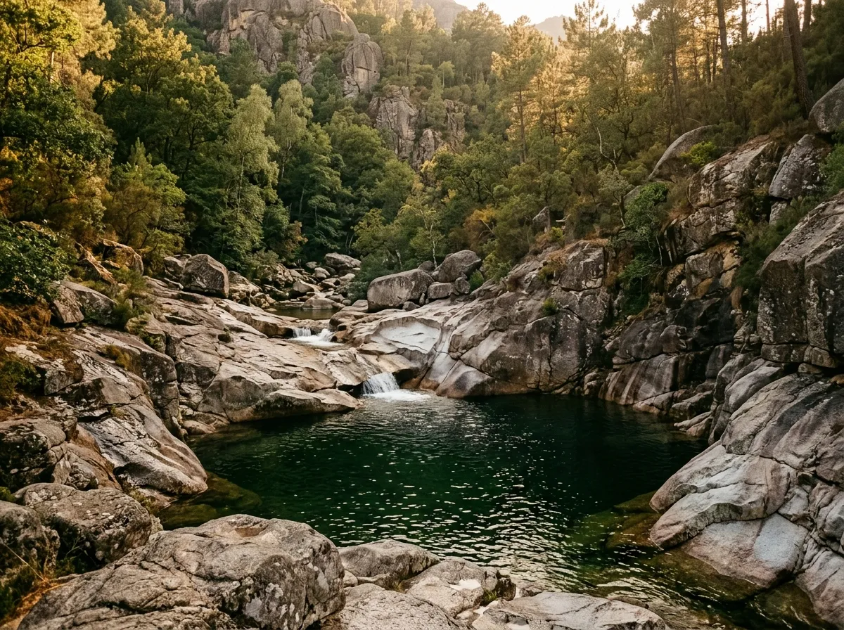 Pozas del río Arado en el Gerês con agua verde entre rocas de granito y bosque alrededor