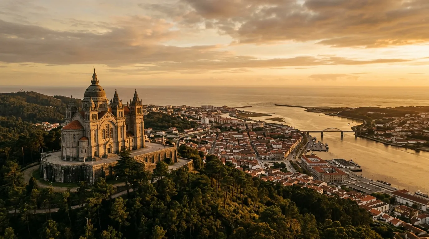 Basílica de Santa Luzia en lo alto del monte con Viana do Castelo y el estuario del Lima abajo